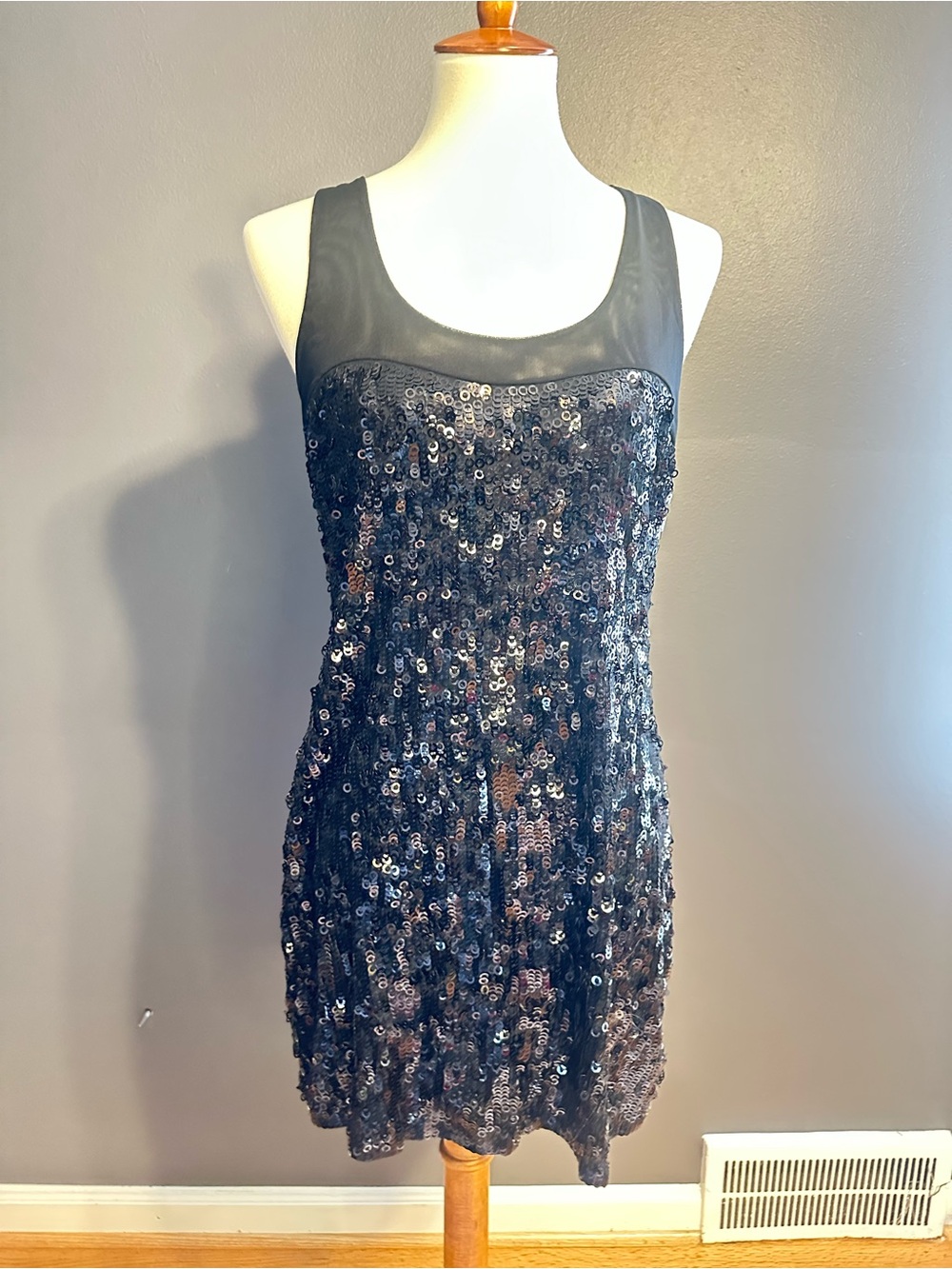 Y2K Express Black Sequin Mesh Mini Dress M 2010 Party Cocktail